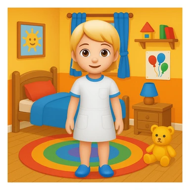 Add a colorful bedroom background with bright walls, playful decorations, and a cozy rug. Keep the room tidy and inviting in emoji style sticker