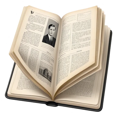Icon for Non-Fiction & Narrative Reading: an open book with historical facts and narrative text on the pages, featuring black-and-white photos, news clippings, and an open folder with top-secret documents. Transparent background. sticker