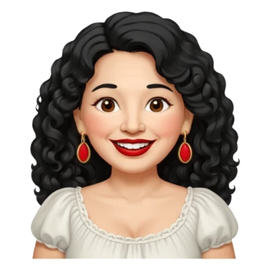 60 yr old Mexican woman, slightly chubby, wavy/curly long black hair, red lipstick, big smile, white teeth, brown eyes, hoop earings, side part to hair, round face, pretty white dress, hair side swept, big hoop earing sticker