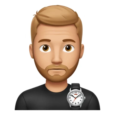 bearded man wearing a black strap watch portrait, head and shoulders only, oval face, short beard, relaxed confident look, black leather strap watch visible, 3D cartoon, mobile game icon style, clean background, no text, no watermark
 sticker