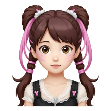 jirai kei, девушка с длинными темно каштановыми волосами и несколько розовых прядей по всей голове в разных местах, прическа два высоких хвоста заплетённые пушистыми белыми резинками. милое лицо. с sticker