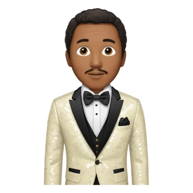 Smokey Robinson with long dark brown hair and short mustache, ivory sequin suit with bow tie  sticker