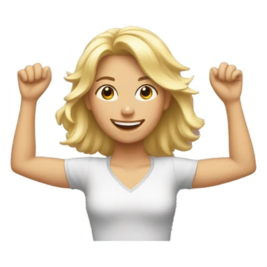 Blonde Girl with both hands in the air. Happy, frontal view above waist only. Enjoying sticker