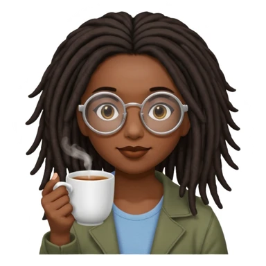 darker skin female with dark dreadlock hair wearing large round glasses sipping a cup of tea with her pinky out sticker