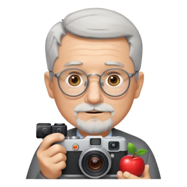 senior man with very short gray hair, very short gray beard, wearing round glasses, holding a camera, Apple emoji style sticker