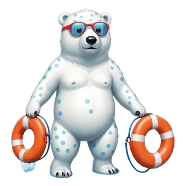 full body friendly anthropomorphised polar bear wearing polka dot swim shorts and swim goggles, standing in a puddle and holding a life buoy sticker
