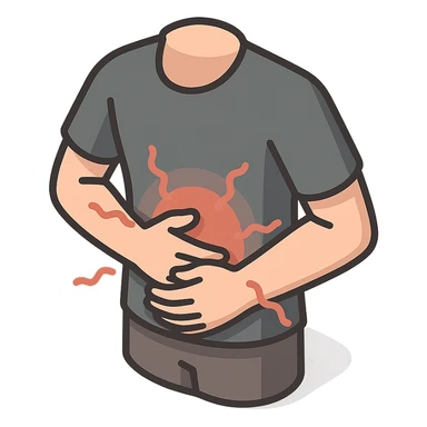 torso of a little person holding a painful stomach, grimacing in pain, pain waves around, 2d isometric style, detailed shadows and highlights, no face below the waist, only torso, stomach, and arms, transparent background sticker