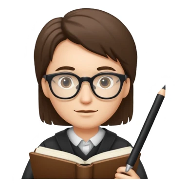writer holding big pen and book, wearing glasses sticker