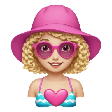 smiling young girl, short curly blonde hair, white skin, pink floppy hat, heart-shaped sunglasses, colorful bikini sticker