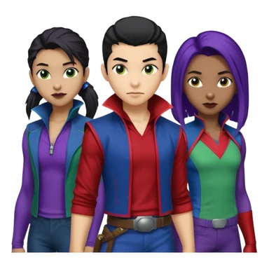 Solo poly platonic relationship, one African girl, one Asian boy, one biracial features Asian tomboy girl rat-tail hair long and upper masculine hair 90s, vampire and marvel cosplay elements inspired  use marvel race, like instead of obvious human, green purple blue etc,  sticker