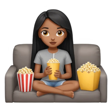 a pretty bratz dusky girl with long straight hair on a couch with popcorn nd wearing a grey tshirt sticker