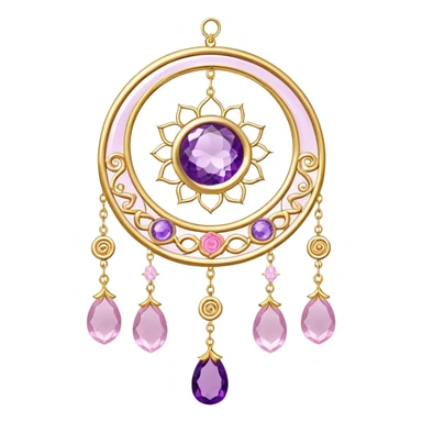 Epic Hanging gold suncatcher, threads with shiny sparkly amethyst and rose-quartz gemstones, flowers, crescents-moons sticker