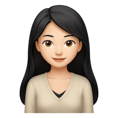 medium tan asian woman with long black hair past middle of back, round brwn eyes, white v neck blouse smiling. sticker