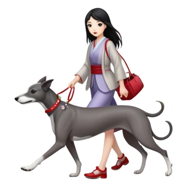 Japanese girl with flowing hair walking a solid grey greyhound with cherry blossoms in the background sticker