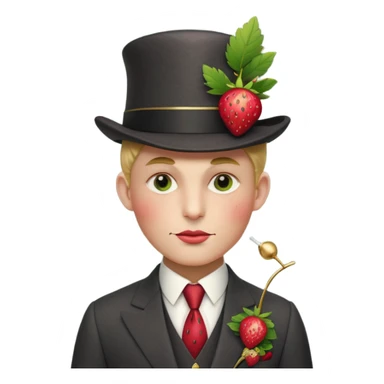 Pretentious cartoon strawberry in a tailored charcoal three‑piece suit, leaf‑cap styled like a pompadour, gold‑stud seeds, sugar‑glass monocle, licorice cane, smug expression; clean vector style, flat shading, cream background, rich crimson/forest‑green palette, 3/4 view, elegant lighting.
 sticker
