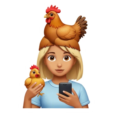 Girl playing on her phone with a chicken on her head  sticker