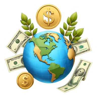 An icon featuring  a dollar sign, and a chart with upward trends, symbolizing economics. The design includes coins, bills, and earth e, representing global trade and financial systems. Transparent background highlights the study of markets, supply, and demand. sticker
