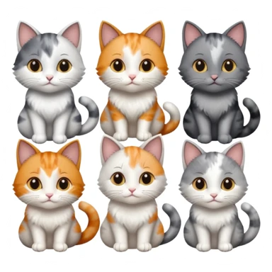 6 realistic looking cats with different natural coloured coats, assorted grey and white, greys, calico colours etc
 sticker