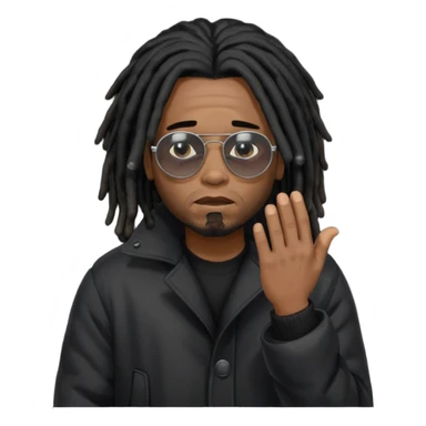 African American man brown skin complexion with black dreadlocks shoulder length wearing black bubble winter coat wearing black sunglasses with right hand covering sad face sticker