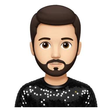 Frankie Zulferino, Pop Singer (b.1990) with dark brown hair and short beard, black sequin outfit, light tan skin sticker