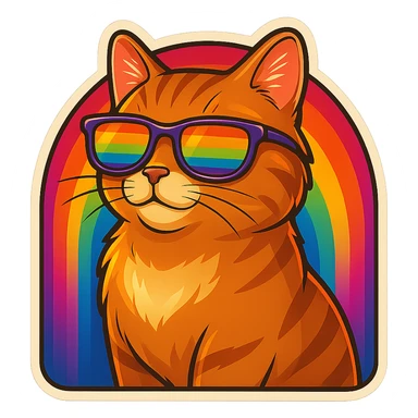 Add a vibrant, colorful background behind the cat with rainbow sunglasses, keep the retro stickers style the same. sticker