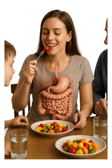 donna seduta a pranzo con la sua famiglia che mangia la frutta con intestino anatomico, iperrealistiche 4k sticker
