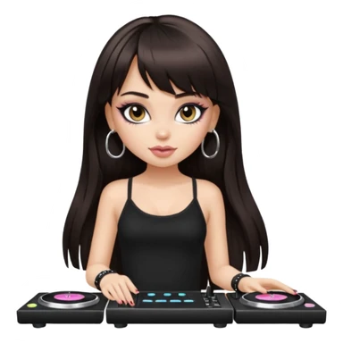 generate a pretty bratz girl in black cami top, dark brown straight long hair with bangs, eyeliner on, djing, fair sticker