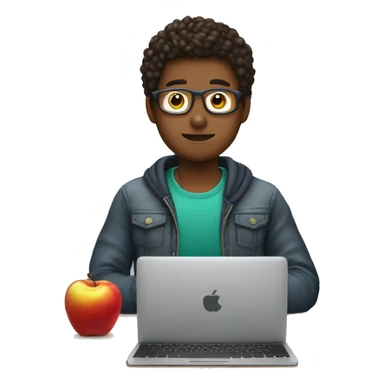 joven de 17 con ropa normals entado en una mesa con su ordenador de appel mirando la pantalla sticker