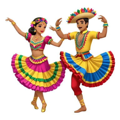 Cinematic Realistic scene of two dancers performing Cumbia, adorned in colorful traditional Colombian costumes with intricate details, captured in rhythmic motion with lively, festive lighting sticker