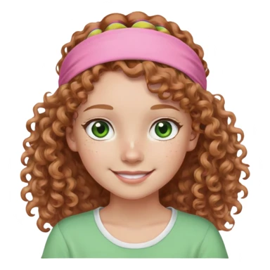a girl with curly light brown hair, a white headband, green eyes, freckles, and a pink tee shirt smiling sticker