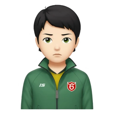 Create a realistic portrait of Kang Sae-byeok (Player 067) with short black hair, green jacket & serious look. sticker