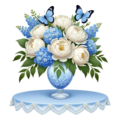 A crystal vase filled with a lush bouquet of white peonies and pale blue delphiniums sits atop a lace-covered table. A sheer ivory ribbon cascades down the side, intertwining with pearl beads, while a delicate blue butterfly flutters just above the petals sticker