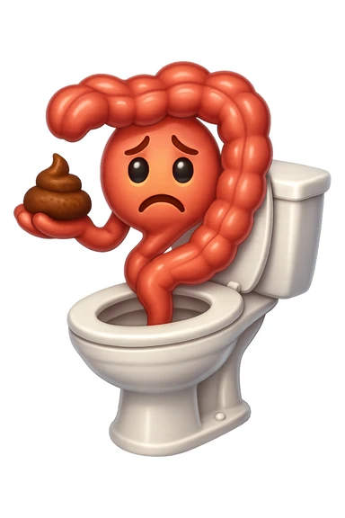 emoji stile iphone di un intestino che esce dal wc con in mano una montagnetta di feci con espressione triste a palline sticker
