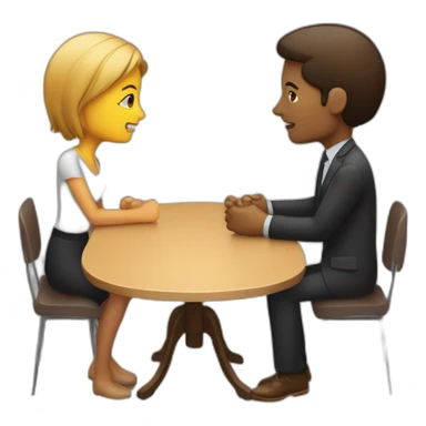 two person, interviewer and a brown person, talking, 4K, high-detailed, with table, face to face sticker