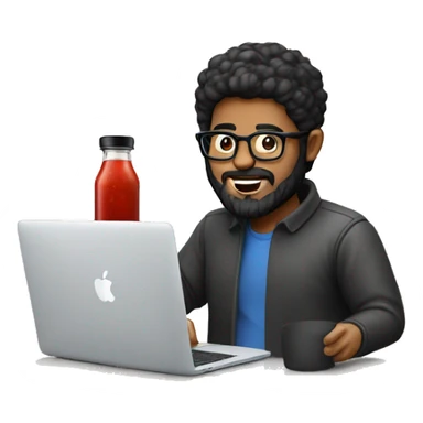 Designer with black hair, beard and glasses working with MacBook and ketchup bottles sticker