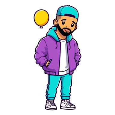 Toronto celebrity, musician, rapper drake 2025 illustration, sticker design. must be ultra hyperrealistic, mirco-detailed, flat layout. Colorful, happy features. Full view. Life-like.
 Must be 8k hd, 8000x8000px resolution. Must use very thin transparent smooth lines, around the illustration  sticker