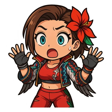 Azucena from Tekken 8 in chibi sticker style, with a shocked face and hands up, wearing the detailed red and patterned outfit from the reference images, designed for Twitch emote use. sticker