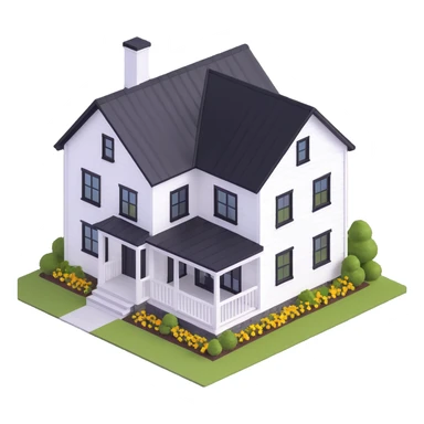 modern farmhouse with white siding, black roof and black trim, isometric sticker