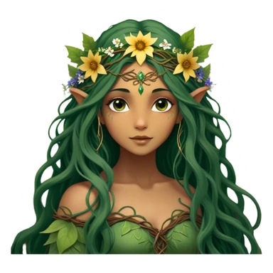 Cinematic Realistic Forest Fairy Portrait, depicted with lifelike, sun-kissed tanned skin that radiates an earthy glow, softly illuminated by natural, dappled light. Her long, flowing dark green hair is intricately detailed and interwoven with delicate vines and wildflowers, while her deep, soulful eyes mirror the wisdom of the forest. Dressed in an attire inspired by nature’s palette—with subtle botanical motifs—the portrait exudes a soft, enchanted glow that melds realism with woodland magic showing her large butterfly wings from her back. sticker