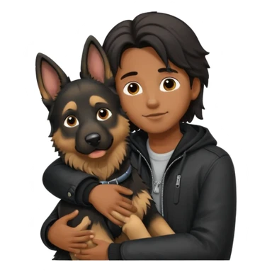 Garoto negro fofo e cabelo comprido usando jaqueta preta abraçando um cachorro pastor alemão  sticker