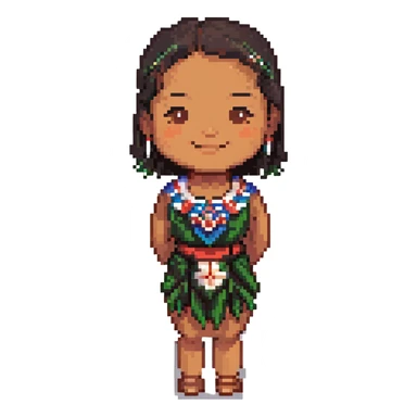 brown Samoan skinny girl with slight Chinese features, black short hair just below the shoulders, smiling with closed lips, pixel art style sticker