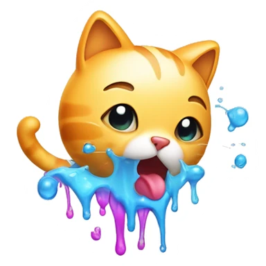 A cute cat character looking unwell, with a colorful stream of liquid coming from its mouth, depicted in a cartoonish and playful style sticker