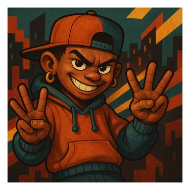 Make this mischievous character more realistic, keep the smirk and YVL hand sign on both hands, hip-hop style, energetic vibe, lifelike details. Focus on realistic textures and expressive features. sticker