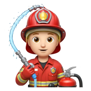 A 3D Apple-style emoji character dressed as a firefighter in a bright red uniform and helmet, holding a fire hose spraying water forward, determined expression with cartoonish eyes, water splashing effect, clean minimal background sticker