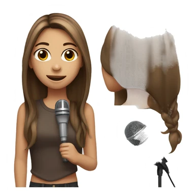 girl with straight long brown hair, brown eyes with microphone sticker