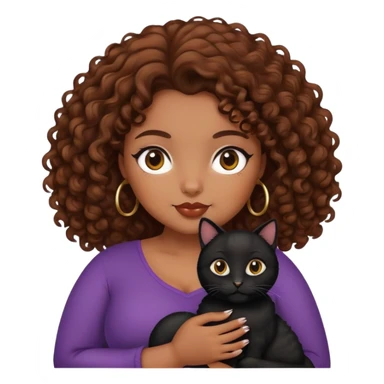 curvy girl with brown curly hair with black cat on her hand sticker