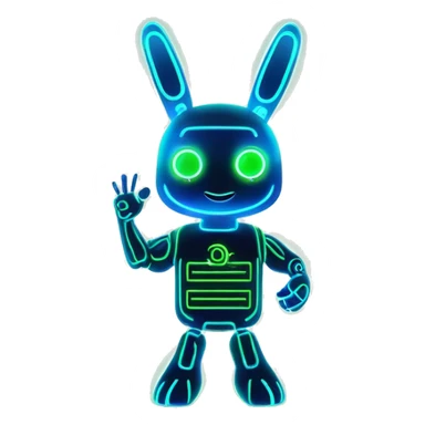 The blue and green robot rabbit surrounded by glowing effects or energy lines, with its fist in the air as if powering up. sticker