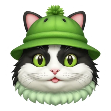 Black and white cat with a frog-shaped hat sticker