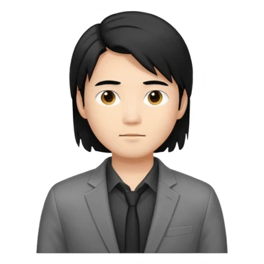 asian young man with long black hair middle part haircut in grey blazer and black t-shirt  sticker