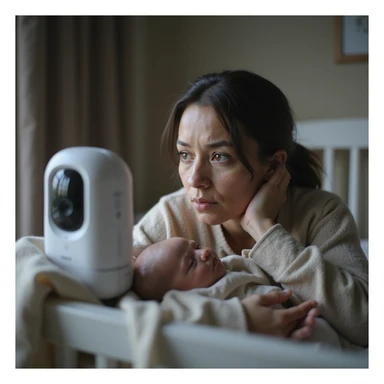 hyperrealistic 4K image of new mother peeking into crib while glancing at baby monitor, dark circles under eyes, nursery packed with safety gadgets, anxious and tired, detailed environment sticker